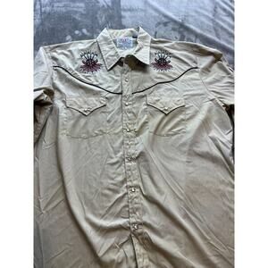 ELY Mens XL Pearl Snap‎ Button Up Shirt Tan Tribal mask Embroidered Rockabilly